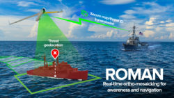An uncrewed aircraft system captures data about the ocean surface and transmits it to a nearby ship