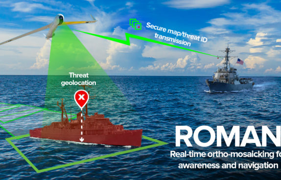 An uncrewed aircraft system captures data about the ocean surface and transmits it to a nearby ship