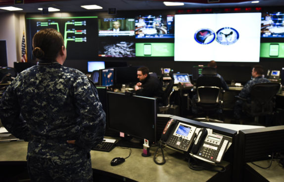 Sailors stand watch in the Fleet Operations Center of U.S. Fleet Cyber Command Center